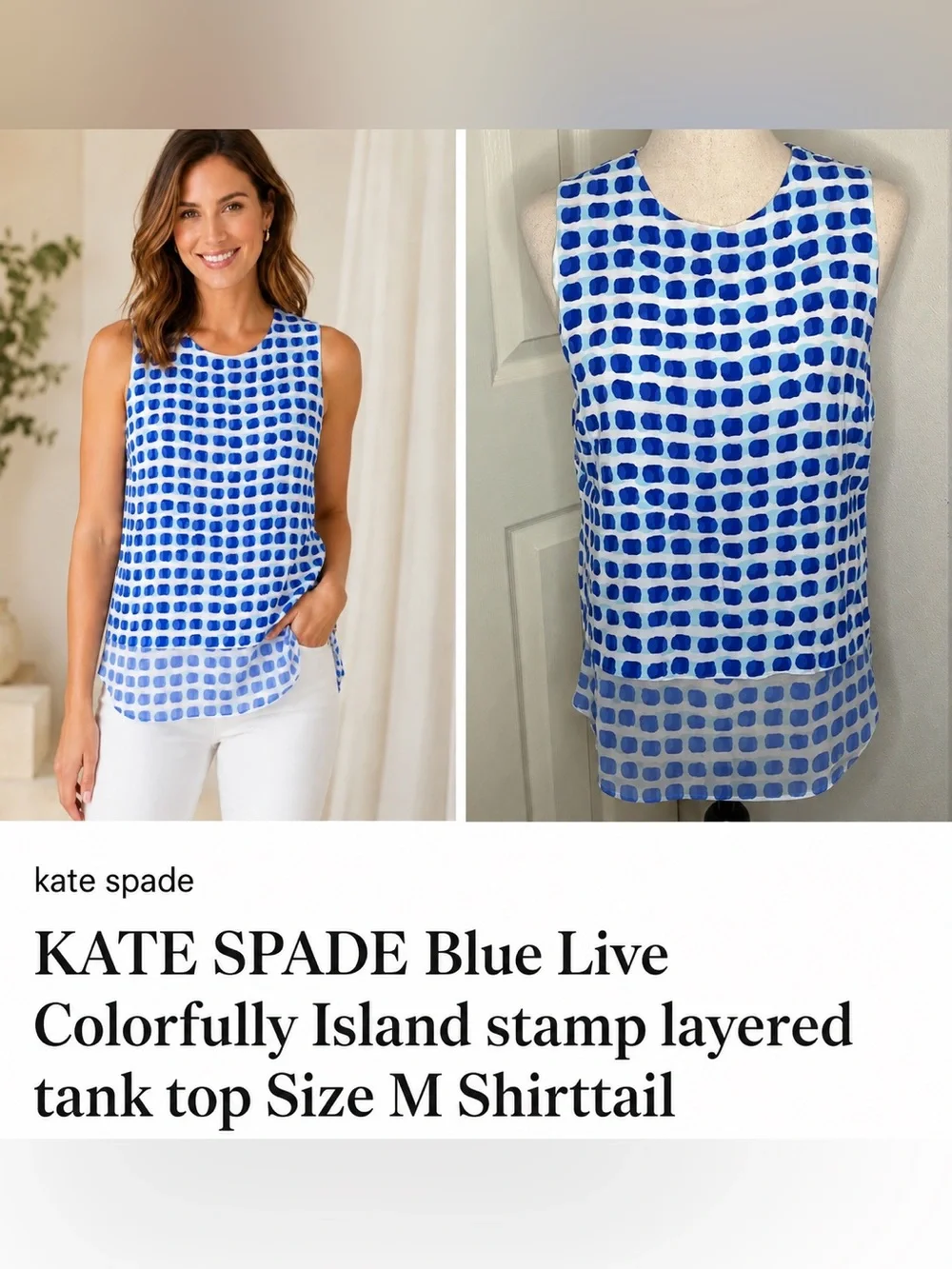 KATE SPADE Blue Live Colorfully Island stamp layered tank top Size M Shirttail